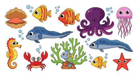 Colorful Cartoon Collection of Underwater Creatures