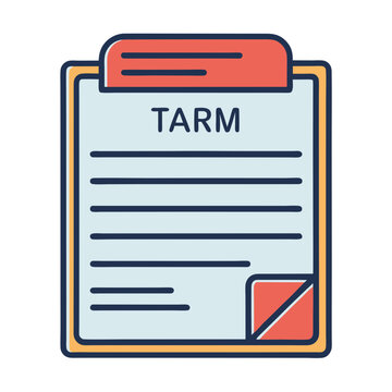 Stylized clipboard illustration with lines and corner detail, titled TARM text