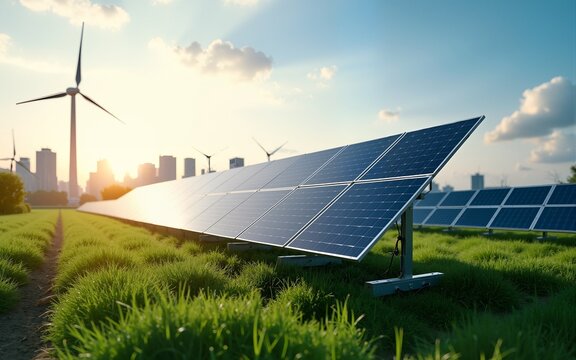 Ecological energy renewable solar panel plant with urban landscape landmarks. High quality