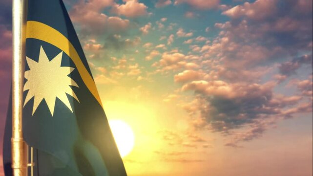 Nauru waving flag on beautiful sunset background