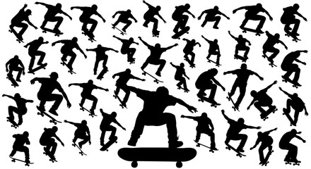 Silhouetted Skateboarders Performing Various Tricks and Stunts