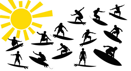 Silhouetted Surfers Catching Waves Under a Bright Yellow Sun