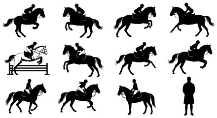Silhouettes of Riders and Horses in Various Jumping Positions