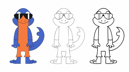 Cool Gecko Cartoon Character, Color and Outline Versions