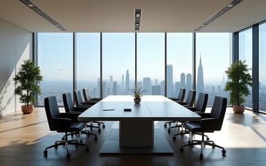 Modern meeting room with panoramic city view. High quality