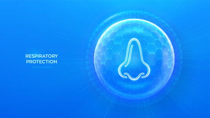 Human nose and respiratory system care. Protection from viruses, dust and allergens. Healthcare. Nose icon inside protection sphere shield with hexagon pattern on blue background. Vector illustration.