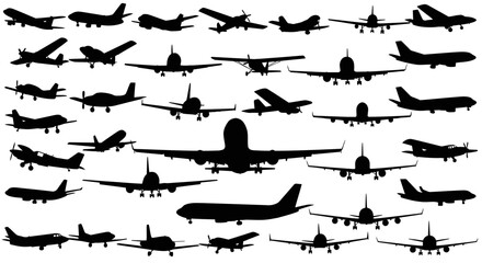 Diverse Silhouettes of Various Aircraft in Flight and Grounded Positions.