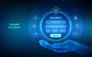 Online payment concept. Online banking digital technology. Online payment via banking application. Online shopping. Financial transaction. Digital interface in wireframe hand. Vector illustration.