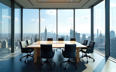 Modern Office Meeting Room With Panoramic City View From Large Windows During Daytime With Clear Sky. High quality