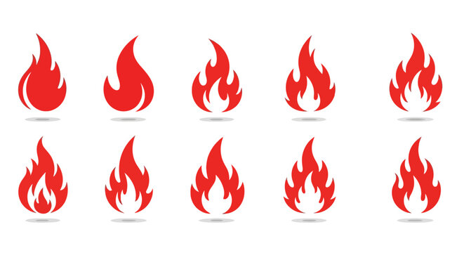 Ten Red Flame Icons: Variations of Fire Symbols