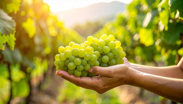 農園で両手の平で瑞々しいマスカットを持っている様子