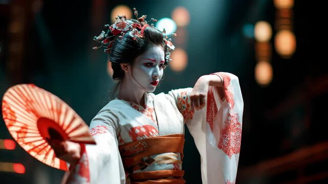 扇子を使い舞台で優雅に舞い踊る歌舞伎の女形