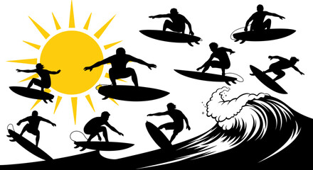 Dynamic Surfing Silhouettes Against a Bright Sun and Wave