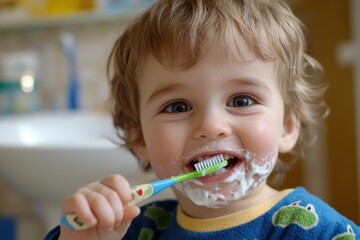 Small child learns to brush their teeth, hygiene and a healthy lifestyle from an early age