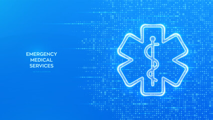Emergency medical services icon on blue medical background made with cross shape symbol. Emergency call. Online medical support. Medicine and healthcare application. Vector illustration.