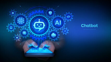 Chatbot. Using Chatbot app on smartphone. Smart assistant. Chatbot assistant conversation. AI. Artificial Intelligence and mobile technology concept. Neural network. AI agent. Vector illustration.