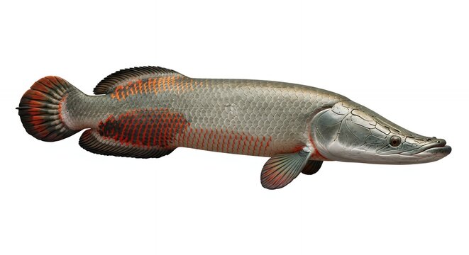 Isolated Arapaima Fish with Distinctive Red Markings and Silver Scales