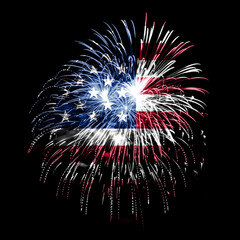 American flag made of fireworks on a black background. USA flag design with pyrotechnic explosions...