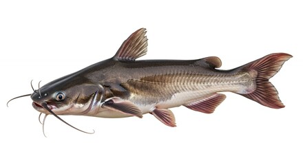 Isolated channel catfish with prominent barbels and iridescent eye on a white background