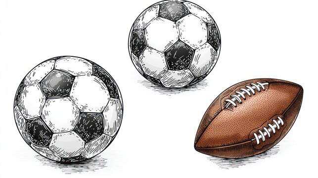 Three sports balls including soccer and American football resting on a plain white surface. - Powered by Adobe