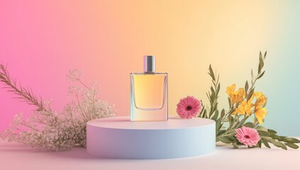 Perfume bottle on pastel podium, floral accents