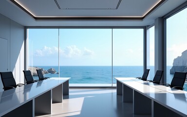 Innovative virtual reality meeting room with floating interface ocean view modern design 3d environment. High quality