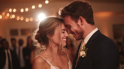 Bride and groom embracing closely under warm lights at a wedding reception with guests present on transparent background