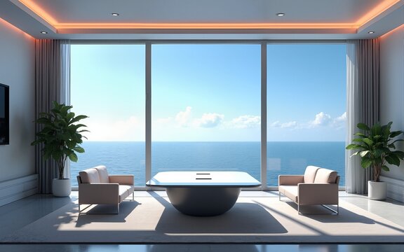 Innovative virtual reality meeting room with floating interface ocean view modern design 3d environment. High quality