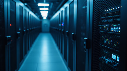 server room data center in blue, selective focus
