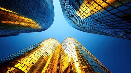Golden skyscrapers viewed from below against a clear blue sky