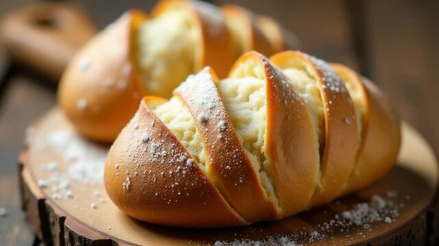 Freshly baked loaf of bread on a clean cutting board, perfect for kitchen use or as a prop in food photography.