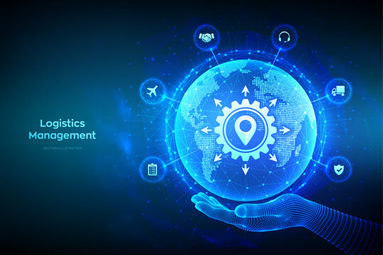 Logistics management. Smart logistics and transportation technology concept. Logistic global network distribution. Business of transport industrial. Earth planet globe in hand. Vector illustration.