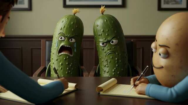Two crying and angry cartoon pickle characters with a happy potato character at a business meeting desk taking notes for negotiation footage.