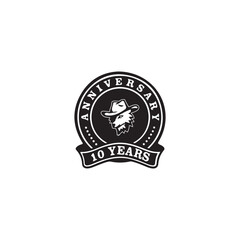 10 Year Anniversary Logo Design - Black & White Emblem with Cowboy Wolf Head, Celebration, Milestone, Branding, Business Event, Vector Illustration