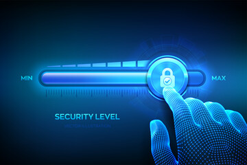Increasing Security level. Cyber security concept. Network security. Wireframe hand is pulling up to the maximum position progress bar with the lock icon. Enhance data protection level. Vector.