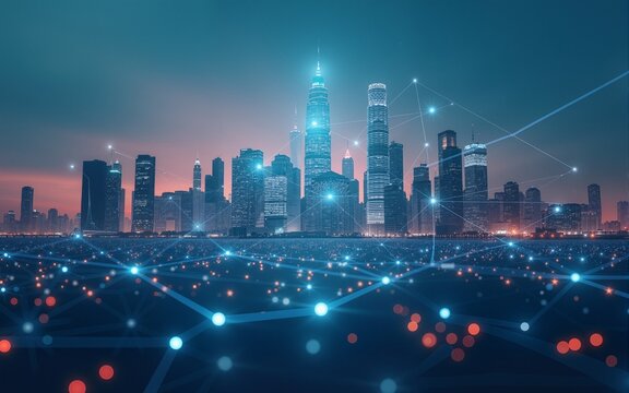 Futuristic city skyline with network connection overlay representing smart technology. High quality