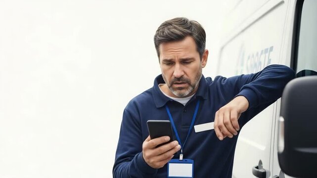 Tired delivery driver checking gas prices on smartphone highlighting fuel cost stress