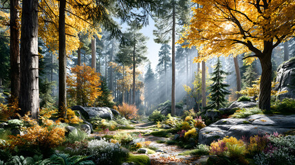 Obraz premium Serene forest trail with golden autumn leaves Sunlit forest pathway adorned with autumn hues. Aerial view of AutumnFall forest canopy Lonely path in foggy fall forest with orange tones