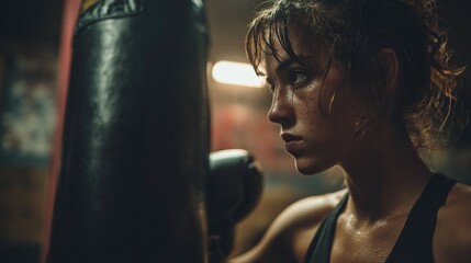 Intense workout session: a determined woman training with a punching bag in a dimly lit gym area on transparent background