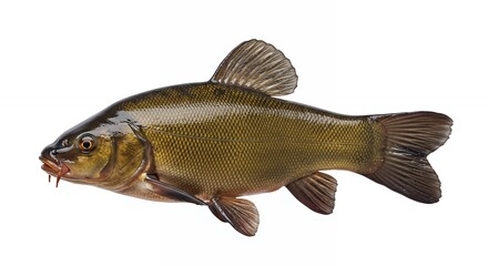 Solitary Tench Fish Displaying Golden Scales and Distinct Barbels Against White Backdrop