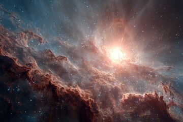 Fototapeta premium Vivid nebula formation featuring radiant light source with interstellar dust and numerous stars, cosmic phenomenon, space exploration
