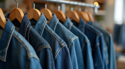 Obraz premium Denim shirts and jackets hang on hangers in a fashionable clothing store