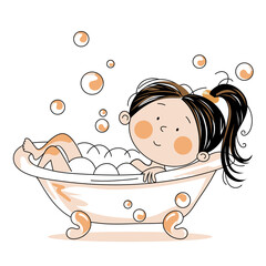 Cute little girl bathing in bubble bath. Vector illustration