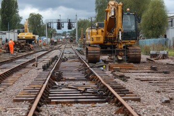 Railway track construction with heavy machinery and workers; excavators on railroad tracks doing maintenance and repairs on a cloudy day