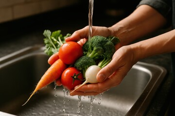 Fresh vegetables being washed in a kitchen sink for farm-to-table meal preparation