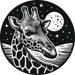 Captivating black and white circular illustration depicts a giraffe's head against a starry night sky with a full moon, rendered in a striking linocut style. Nocturnal Grace: Giraffe Under the Moonlig