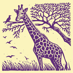 Majestic Giraffe in a Serene African Landscape. Stylized illustration depicts a tall giraffe beneath a tree, with birds flying overhead, capturing the essence of wildlife. Safari Serenade: Giraffe, Bi