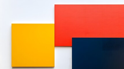 Fototapeta premium Red yellow and dark blue wooden blocks arranged on a white surface in a geometric abstract composition.