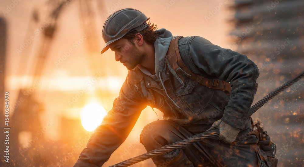 Aufkleber A worker focuses on using shape memory alloys and adaptive materials at a construction site as the sun sets in the background, highlighting innovative technology in an industrial environment.