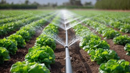 Irrigation system watering rows of lettuce crops in a field, water sprays onto fresh lettuce plants in neat rows.